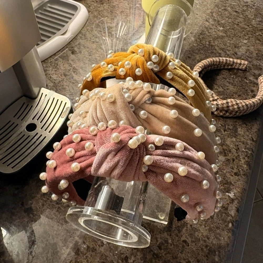 Elegant Velvet Pearl-Studded Knotted Headband Pack of 3 Pink, Cream, and Gold